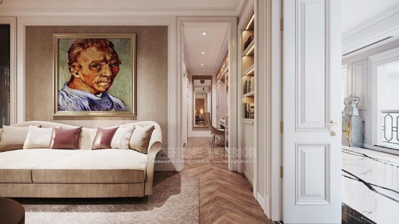 Tranh canvas chân dung họa sĩ Van Gogh nổi tiếng tạo điểm nhấn tuyệt đẹp cho không gian. Thiết kế phòng ngủ biệt thự