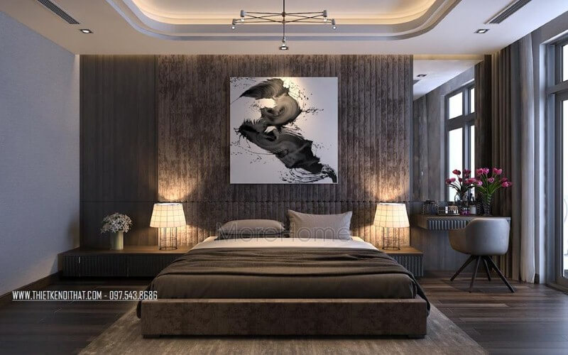 Tranh in canvas nghệ thuật tạo điểm nhấn độc đáo cho phòng ngủ master hiện đại. Thiết kế phòng ngủ biệt thự