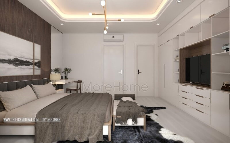 Thiết kế phòng ngủ hiện đại đẹp, nhẹ nhàng sâu lắng với gam trắng từ tường kết hợp cùng gỗ óc chó sẫm màu ốp tường. Thiết kế phòng ngủ biệt thự