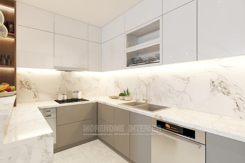 Hệ thống tủ bếp màu trắng, phân tách nhiều ngăn lớn nhỏ đáp ứng nhu cầu sắp xếp đồ nội thất Tủ bếp đẹp