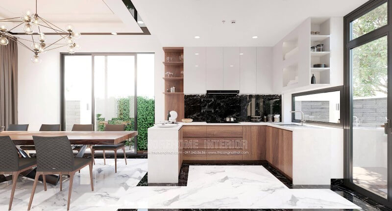 Mẫu tủ bếp cao cấp được thiết kế ấn tượng với sự phân chia khoa học mang lại sự thuận tiện cho người nấu. Tủ bếp hiện đại