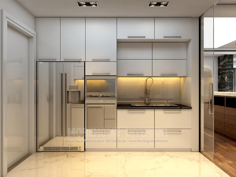 Tủ bếp chữ i được làm từ gỗ Acrylic màu trắng với lối thiết kế kịch trần tạo nên không gian bếp thoáng rộng hơn Tủ bếp hiện đại