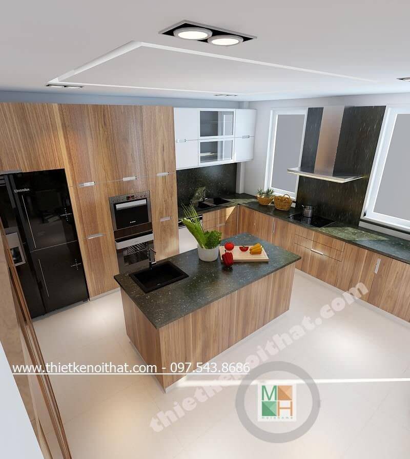 Mẫu tủ bếp gỗ công nghiệp với tone màu nâu sáng hiện đại mang lại không gian thoải mái, sạch sẽ cho người nội trợ Tủ bếp hiện đại