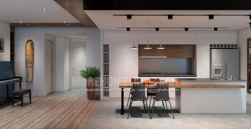 Lựa chọn tủ bếp âm tường màu trắng giúp gia chủ tiết kiệm được tối đa diện tích cũng như tạo độ thoáng hơn cho căn bếp chung cư nhà mình Thiết kế và sản xuất tủ bếp đẹp