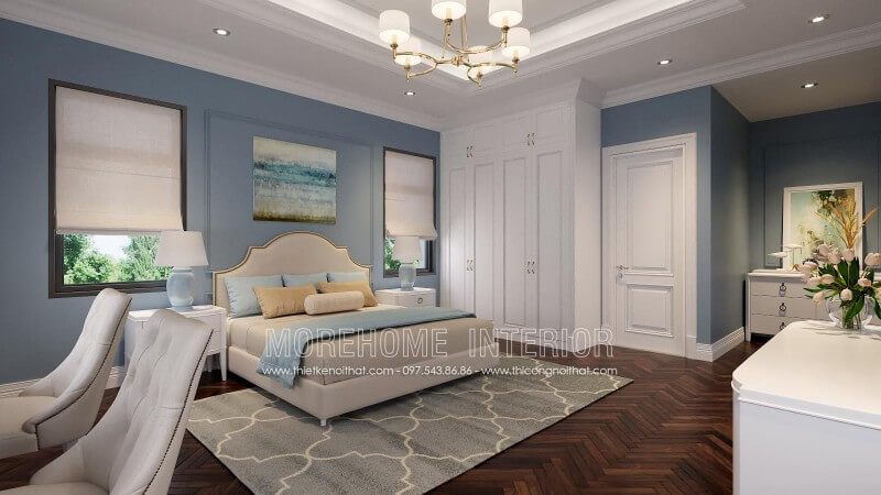 Thiết kế giường ngủ biệt thự tân cổ điển nhẹ nhàng, các chi tiết không quá cầu kỳ mang lại không gian rộng thoáng hơn