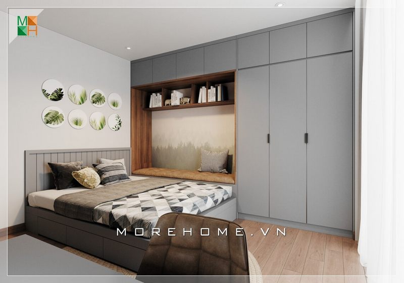 Mẫu thiết kế giường ngủ kiểu dáng hiện đại bằng gỗ công nghiệp sơn xám với hệ thống ngăn kéo tích hợp ở chân giường giúp bạn lưu trữ được nhiều đồ cá nhân hơn