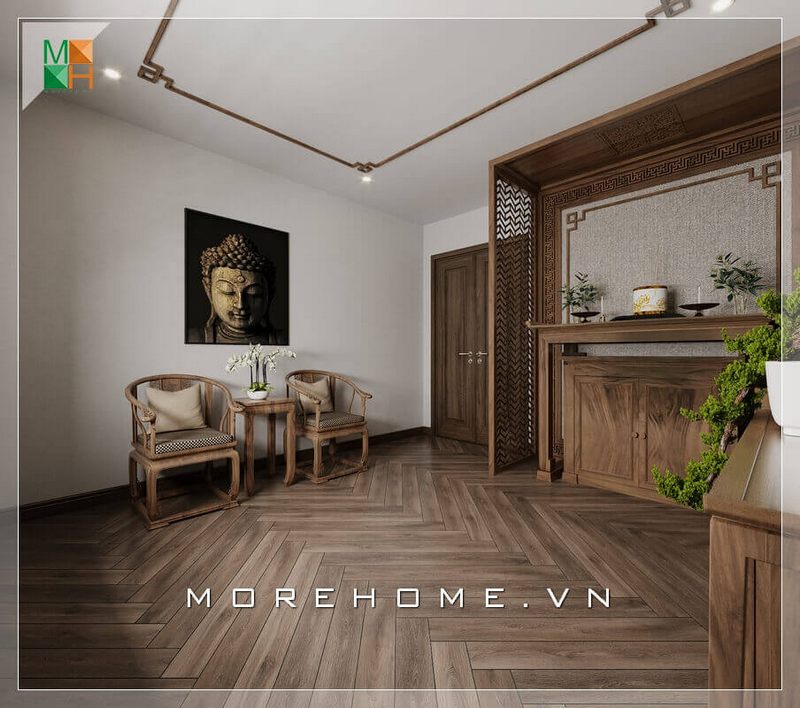 Không gian thờ cúng được tôn nghiêm hơn bởi màu trầm ấm của nội thất gỗ óc chó cao cấp.