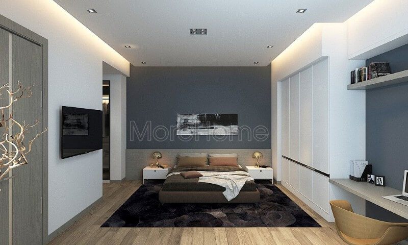 Thiết kế nội thất phòng ngủ biệt thự hiện đại với phong cách đơn giản, trang bị các vật dụng ngăn nắp, màu sắc hợp phong thủy với mệnh của gia chủ.