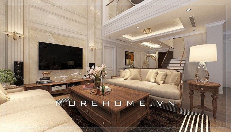 Bàn trà gỗ độc đáo góp phần mang tới sự sang trọng và tinh tế cho không gian căn phòng.